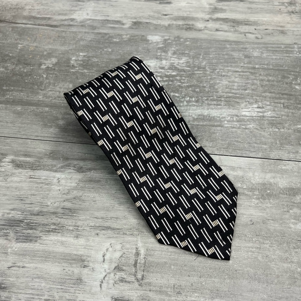 Hickey Freeman Black w/ Silver & Taupe Check Silk Tie
